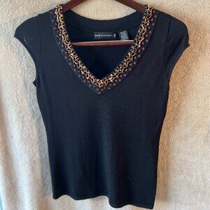 Dana Buckman, Size M, Black knit with embroidery and beading around the neckline